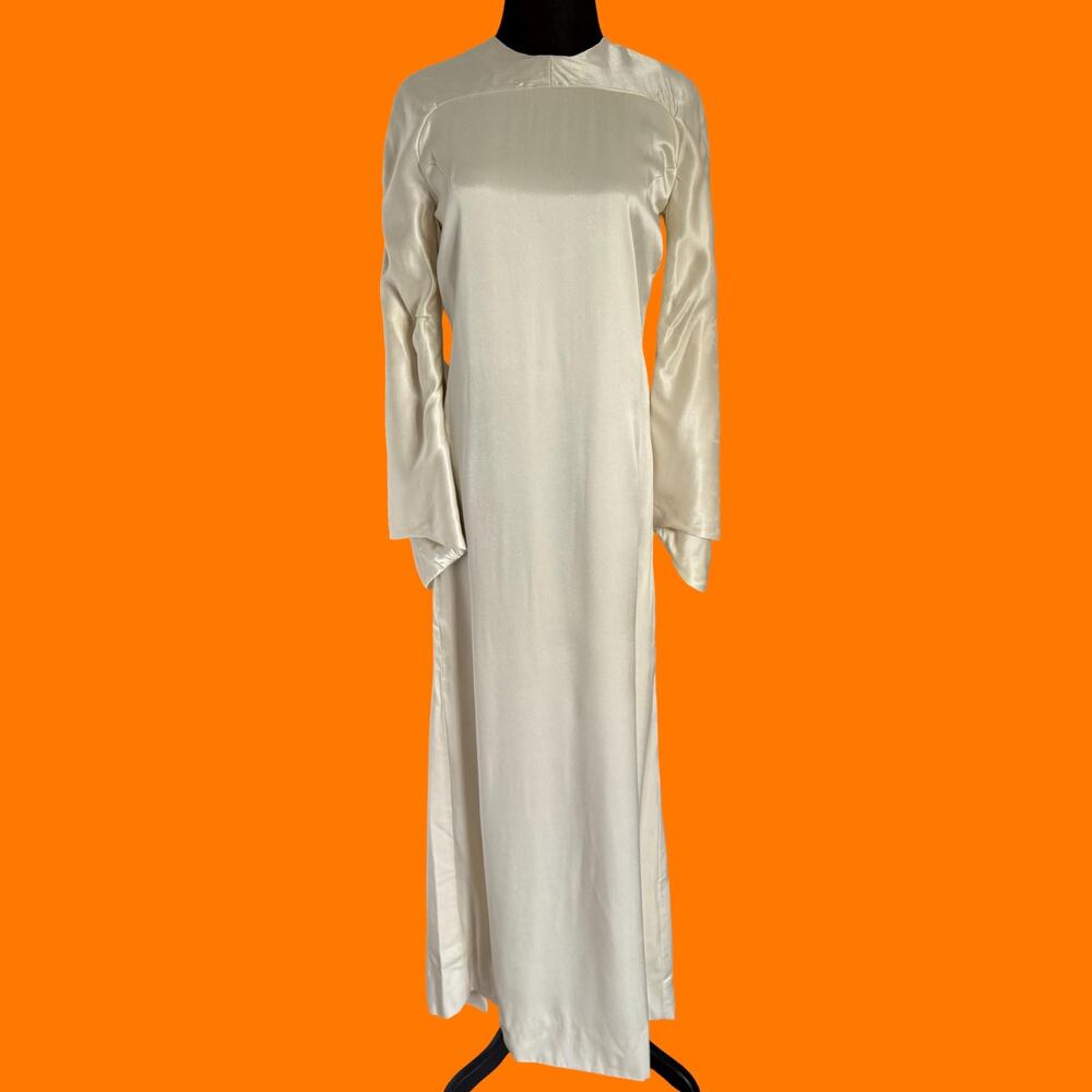 60's 70's vintage cream liquid satin avant garde long sleeve wedding gown S/M